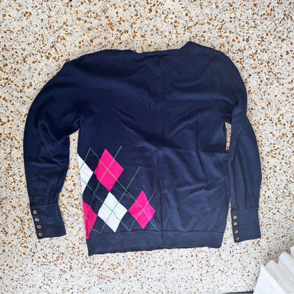 Lilly Pulitzer Navy Argyle Sweater with Pink and White - Picture 2 of 4